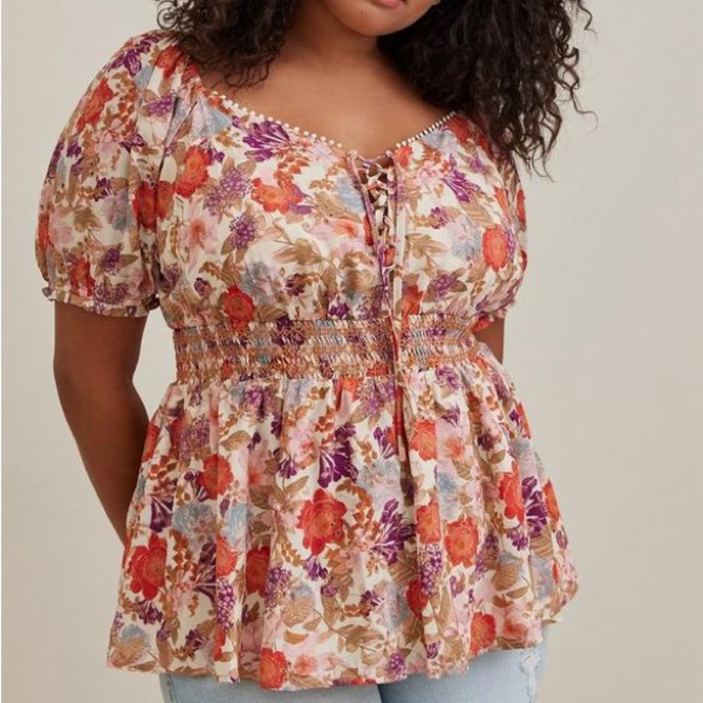torrid Cream Floral Peasant Blouse with Red and Purple Accents